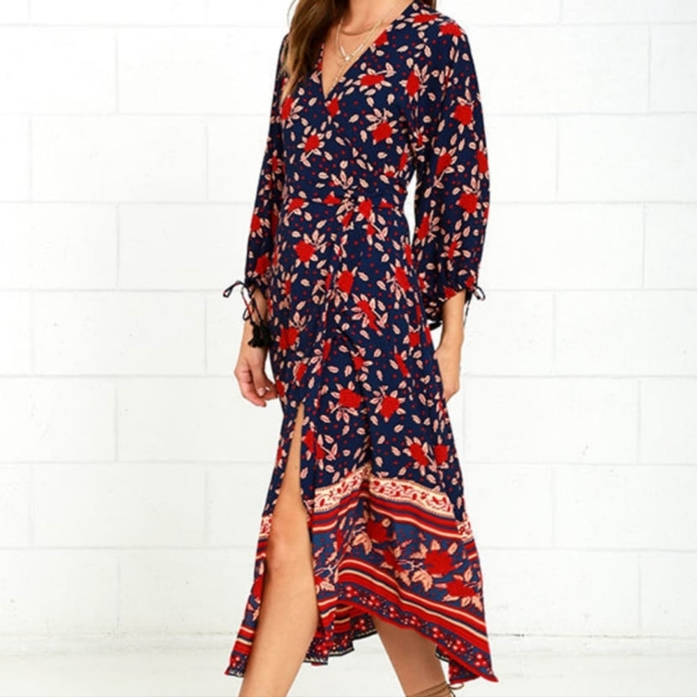 Faithful The Brand Atlas Navy Blue Floral Print Wrap Dress Size 2